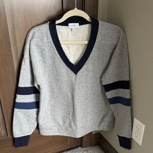 Evereve Gray V-Neck Sweater with Navy Accents